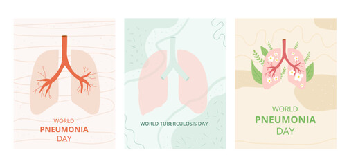 World Pneumonia Day banners set. Lungs and world map background, symbolizing global respiratory health awareness. Vector flat illustration.