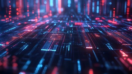 Futuristic and abstract visualization of quantum computing data nodes on a modern digital interface  The image showcases a dynamic and colorful digital landscape with intricate patterns lines