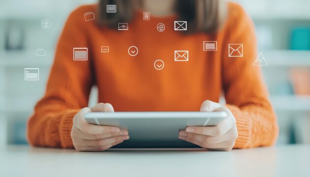 Person using an online learning app on a tablet, surrounded by various educational subject icons floating around, online learning tools, selfpaced learning