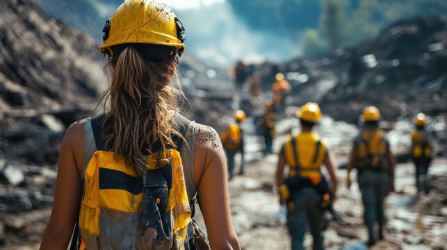 A community coming together to support each other after a natural disaster, with rescue workers and volunteers aiding those affected