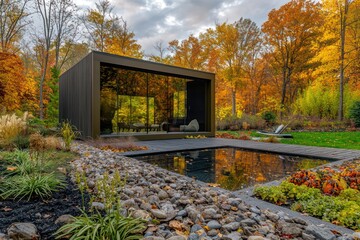 Contemporary garden room with olive drab accents, blending with a rustic fall landscape Sleek, high-resolution minimalist design