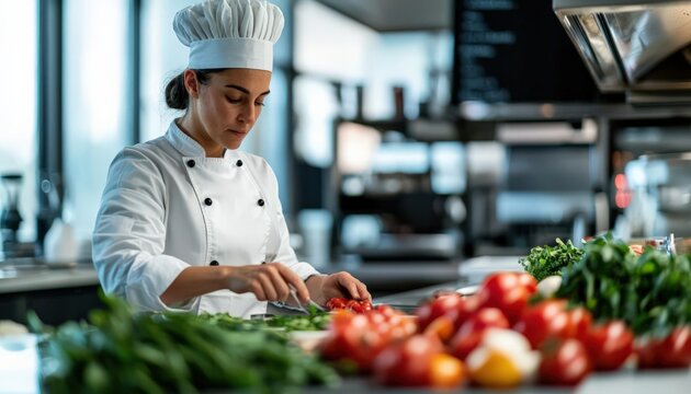 Chef practicing culinary skills via a virtual kitchen training module, online culinary training, skill development in elearning