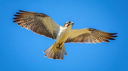 Fototapeta premium A graceful bird in flight against a bright blue sky, showcasing its distinctive plumage and wings during a sunny day
