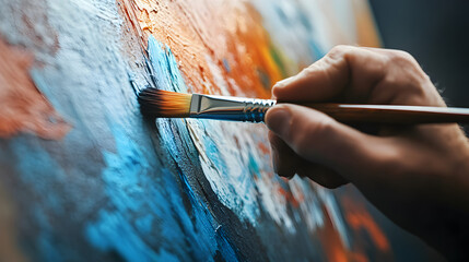 A close-up of an artist's paintbrush touching a canvas, vibrant colors blending beautifully.


