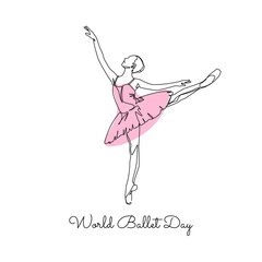 World Ballet Day. Ballerina female dancer in continuous one line drawing style with text. Isolated on white background. Vector illustration.