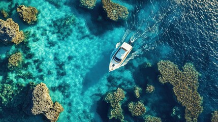 Fototapeta premium Aerial view of a small boat navigating through crystal-clear waters near coral reefs on a sunny day in a tropical paradise