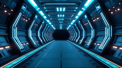 Futuristic spaceship corridor with blue lights, metal walls, and a dark opening at the end.