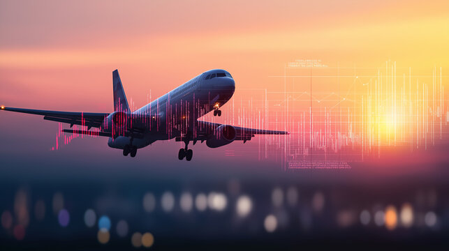 Commercial airplane taking off at sunset with digital financial data overlay. Aviation industry growth concept with aircraft and data visualization at dusk - Powered by Adobe