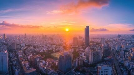 Fototapeta premium Stunning sunset over a bustling city skyline reflecting on the water's surface