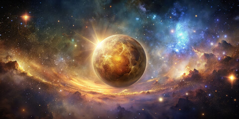 stunning cosmic scene featuring glowing planet surrounded by vibrant nebulae and sparkling stars, evoking sense of wonder and exploration