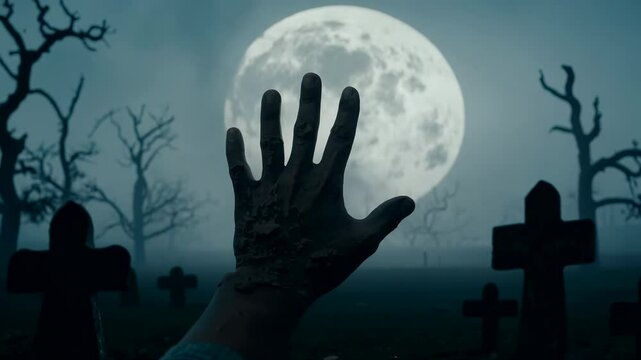 A decaying zombie hand emerges from the ground in a foggy graveyard at night, surrounded by tombstones and lit by a full moon.
