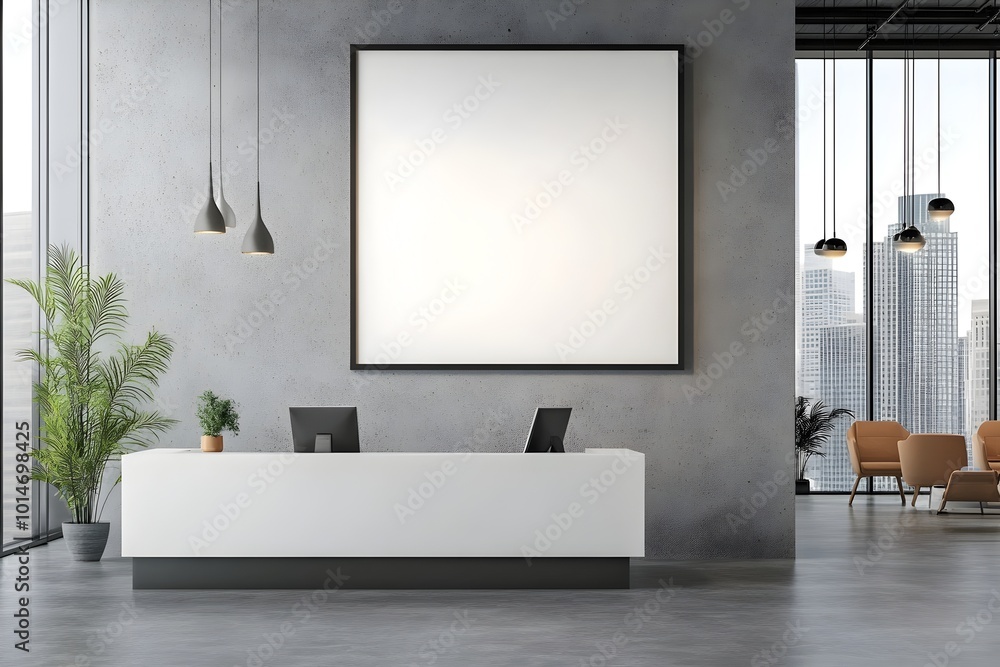 Poster blank white frame mockup with a modern business office reception background the frame is placed in a