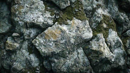 Weathered rock surface covered in lichens and moss, showing the effects of time