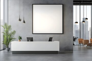 Blank white frame mockup with a modern business office reception background  The frame is placed in a well lit minimalist space with contemporary furnishings and decor