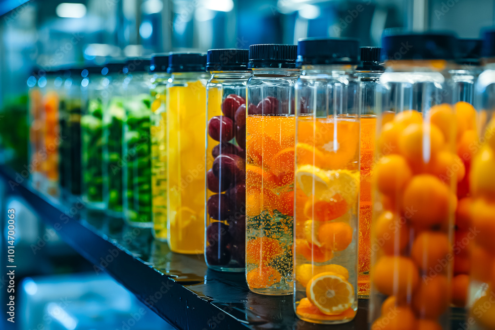 Poster a vibrant lineup of infused drinks in clear glass containers showcases an array of fruits and vegeta