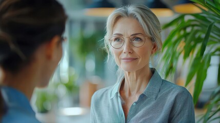 Mature businesswoman mentoring a younger colleague in a modern office, concept of leadership and guidance, mentorship, business success
