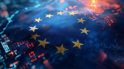 A flag of Europe with a graph of the stock market, finance, economy and data