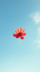 A vibrant red flower floating against a clear blue sky at midday