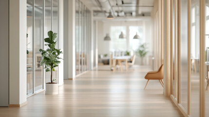A modern office interior featuring spacious hallway with wooden flooring, glass partitions, and potted plant. design emphasizes bright and airy atmosphere, ideal for productivity