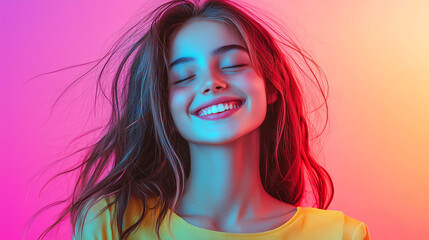 Fototapeta premium close up portrait of a smiling woman with her eyes closed Her hair is flowing in the wind illuminated by a vibrant neon light that casts blue and red hues on her face and neck
