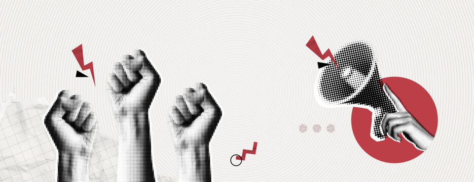 Trendy Halftone Collage Raised Fist up and hand with megaphone. Demonstration of protest. Fight for your rights. Power sign. Success and strength. Magazine style. Contemporary vector art illustration