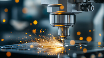 High precision laser cutting machine in action, creating sparks as it processes metal sheets. scene captures intricate details of industrial technology and craftsmanship - obrazy, fototapety, plakaty