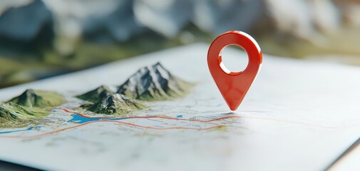 Glossy red location marker hovering above a folded paper map with mountains and rivers in view, red marker, nature and navigation