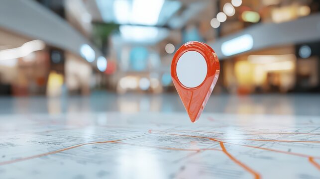 Red location marker placed on a digital map of a shopping mall floor plan, representing indoor navigation, shopping map marker, retail tech