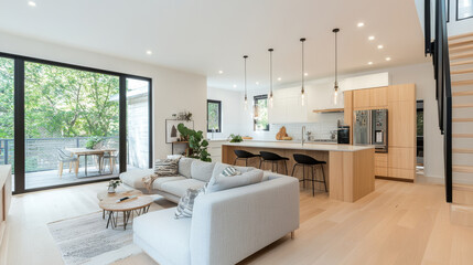 Fototapeta premium Modern open concept living room with stylish kitchen, featuring wooden cabinetry, sleek appliances, and large windows that bring in natural light. cozy seating area invites relaxation