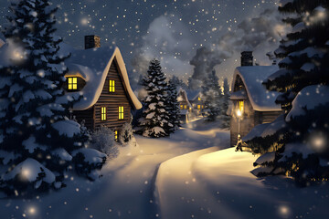 Naklejka premium A serene snow-covered village glowing warmly under the night sky. Winter scenery concept