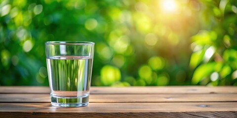 Glass of water and glass on a wooden table, hydration, cold drink, refreshment, clear,tabletop, beverage, healthy