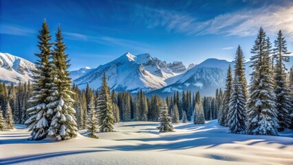 Snowy mountain landscape with clear blue skies and pine trees, mountains, snow, landscape, winter, scenic, nature