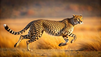 Fototapeta premium Sleek cheetah running in the wild, fast, predator, wilderness, spotted, feline, African, speed, agility, wildlife, nature