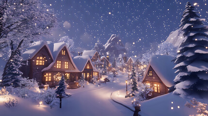 Fototapeta premium Charming winter wonderland village scene radiating warmth under a clear starry sky at night. Scenic view concept