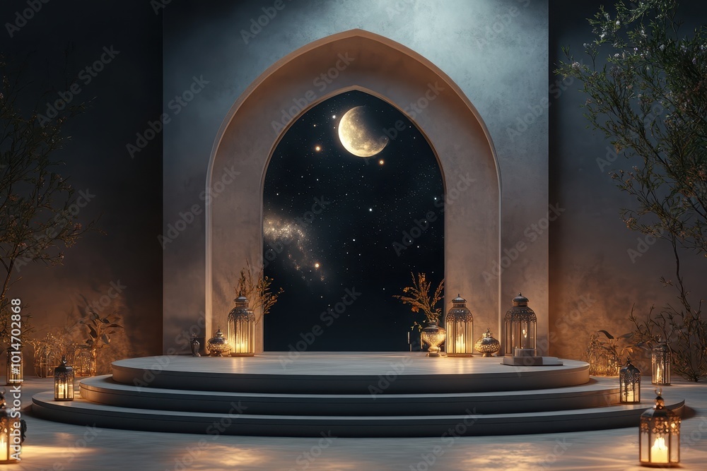 Poster a serene architectural setting with a moonlit view and decorative lanterns.