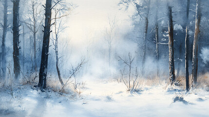 Fototapeta premium Watercolor depicting a foggy winter forest, with trees shrouded in mist and snow-covered ground. 