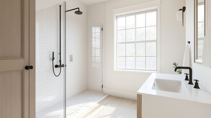 Modern bathroom design features spacious shower area with glass enclosure, sleek fixtures, and minimalist aesthetic. Natural light floods room through large window, enhancing serene atmosphere