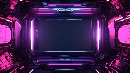 Obraz premium A futuristic, abstract, digital, neon, glowing, pink, purple, and black background with a rectangular space in the center.