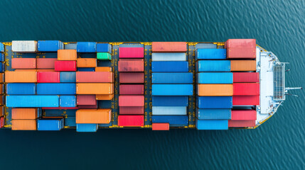 Obraz premium Aerial view of large cargo ship filled with colorful shipping containers, showcasing vibrant mix of red, blue, orange, and green. ship is floating on calm waters, emphasizing logistics of maritime tra