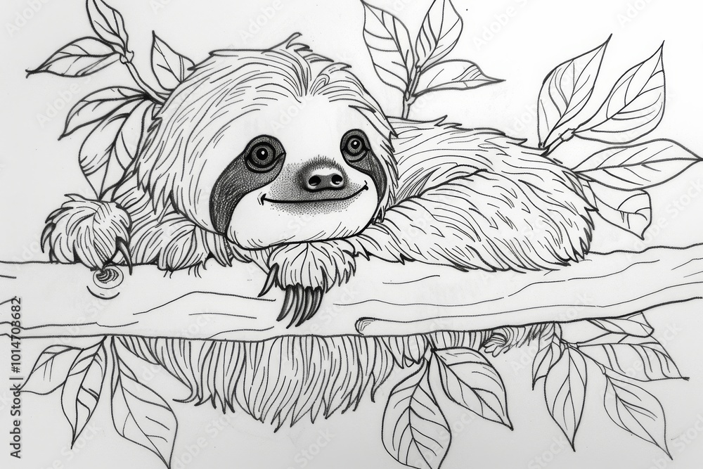 Poster a sloth is sitting on a branch with leaves. the sloth is smiling and he is relaxed