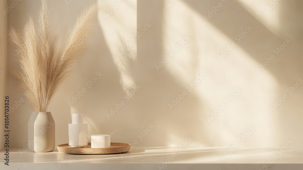 Poster a serene arrangement of decorative elements on a minimalist shelf with soft lighting.