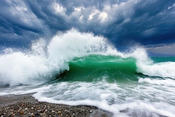 Naklejka premium Dramatic Waves Crash Against the Shore Under a Stormy Sky at the Black Sea in the Early Evening