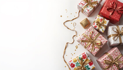 Fototapeta premium Holiday gift boxes on white background. Christmas gifts background. New Year gifts