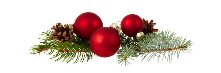 red christmas baubles an pine isolated on white or transparent png
