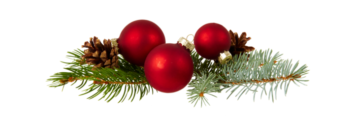 red christmas baubles an pine isolated on white or transparent png