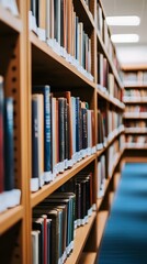 A photo of shelves in the library with books, books on white bookshelves and blue stripes
