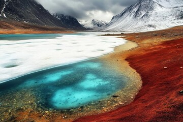 Naklejka premium A Breathtaking View of a Glacial Lake Surrounded by Rugged Mountains Under a Cloudy Sky