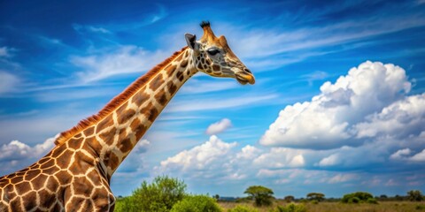 Obraz premium Side profile of giraffe in natural habitat under blue sky, giraffe, wildlife, animal, Africa, nature, habitat, mammal, tall, spots