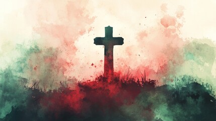A cross is painted on a hillside with red paint