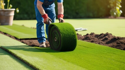Worker Laying Fresh Sod on a Well-Prepared Lawn for Landscape Renovation. Bright Day in a Backyard Garden Setting as New Grass is Unrolled for a Smooth, Lush, Green Lawn Installation.